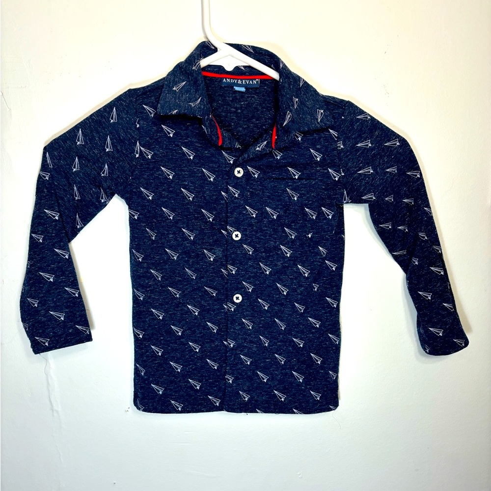 Andy & Evan Toddler Boys Pique Knit Button down Paper Airplane Navy Blue shirt
